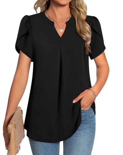 TAOHUADAO Womens Summer Dressy Chiffon Blouses Short Sleeve V Neck Tops for Leggings Casual T-Shirts
