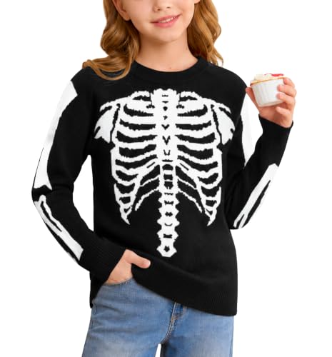 Image of Girls Halloween Pattern Knit Sweater Funny Pullover Y2K 6-14 Years