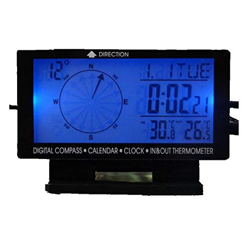 DONGMAO 5in1 Termómetro de Coche Digital Retroiluminación Azul Compás de Coche Interior/Exterior Termómetro y Reloj Calendario con Auto Enchufe de Cigarrillo