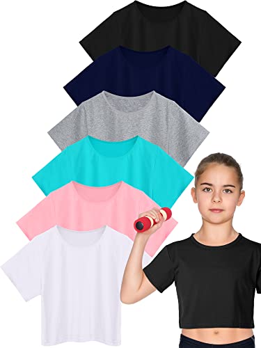 Bencailor 6 Pcs Girls Short Sleeve Crop Tops Kids Crew Neck Crop Tops Kids T-shirts Summer Basic Tee, 6 Colors