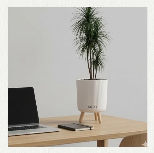 Image of Arto Ribbed Planter Pot Set with Wooden Legs - White Indoor Plant Stand | Set of 2 Modern Mid‑Century Planter Pots for Home Decor | Elevated Plant Stands for Living Room, Balcony