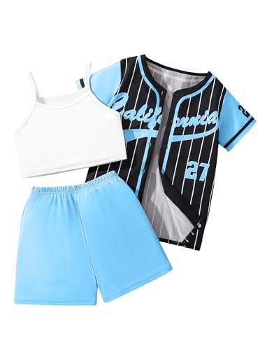 Image of Hilinker Girls Graphic 3 Piece Outfits Short Sleeve Striped Cardigan and Crop Cami with Shorts Set