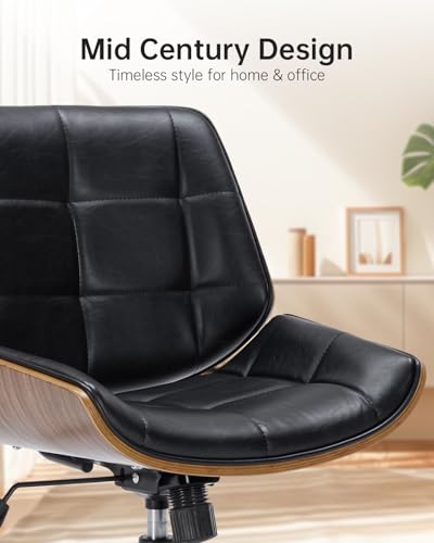 Image of Home Office Chair No Arms,Armless Adjustable Height Small Desk Chair,PU Leather Swivel Computer Chair with Wheels,Mid-Century Modern Walnut Mid Back Chair for Office, Reading Room,Bedroom(Black)