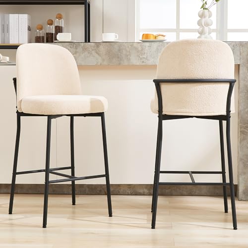 LONXIU Taburete Alto de Cocina, Juego de 2 Taburetes Altos con Respaldo Reposapiés, Taburete Cocina de Tela Boucle, Altura del Asiento 71cm, para Isla de Cocina/Bar, Beige