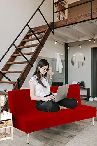 Armless Sofa Bed Cover, Red Stretchable Futon Slipcovers For Living Room, Lightweight Armless Sofa Cover With 92% Polyester, Folding Couch Sofa Bed Futon Cover For Home Decor #TOP1