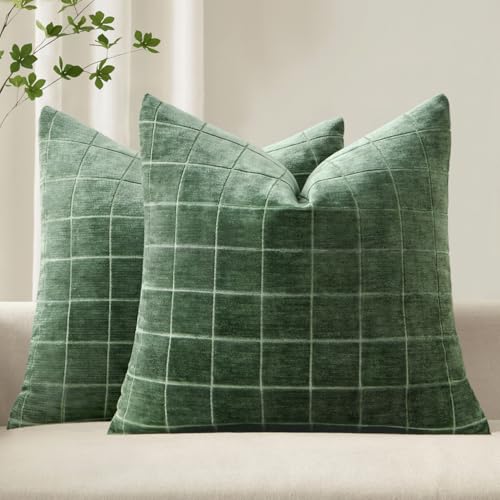 Image of MIULEE Moss Green Plaid Decorative Throw Pillow Covers 18x18 Set of 2 | Vintage Check Chenille Couch Pillows Neutral Boho Farmhouse Cushion Covers Modern Home Decor for Sofa Bed Living Room