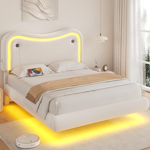 MapleGrace Queen Size Floating Bed Frame with Velvet Upholstered Headboard,