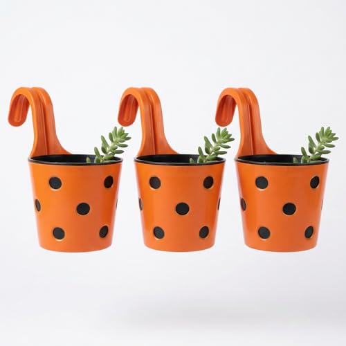 Image of Premium Hook Planter with Inner Pot | Polka Dot Hanging Planter for Balcony & Railings | Sturdy Plastic | Built-in Drainage | Vibrant Colours | Indoor & Outdoor Gardening (3, Orange)