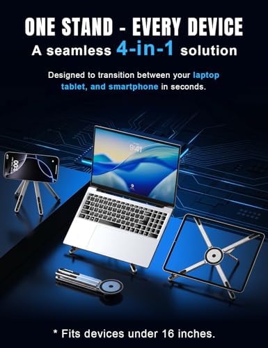 4-in-1 Foldable Laptop Stand & Magnetic Phone Holder, Silver Aerospace Aluminum Portable Desk Mount with N52 MagSafe Compatible Tripod Handle for MacBook Pro, iPad, Travel & Vlogging