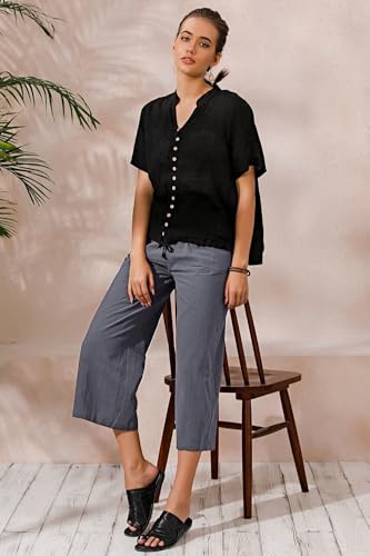Womens Cotton Cropped Pants Loose Fit Wide Leg Capri Casual Plus Size Elastic Waist Trousers4