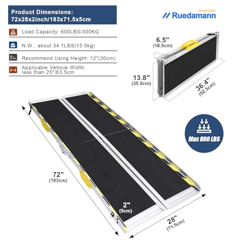 Ruedamann Wheelchair Ramp, Aluminum Threshold Ramp, Portable and Foldable, 600 Pound Capacity, Non-Skid Surface, Two Separate Pieces, for Home, Steps, Stairs, Doorways (6FT, Pack of 1) - Thumbnail 2
