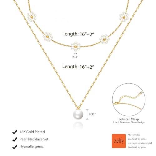 Image of Zeffy Gold Pearl Necklace for Women, Dainty 14K Gold /Silve Plated Layered Pearl Choker Pearl Earrings Pearl Bracelets Wedding Trendy Gold Jewelry Set for Women Gifts