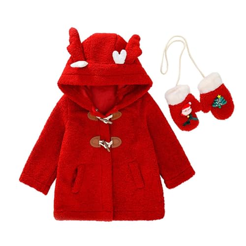 Kids Girls Fleece Button Hooded Coat Solid Color Ear Shape Jacket with Pockets Gloves Toddler Girls Cute Comfy Clothes