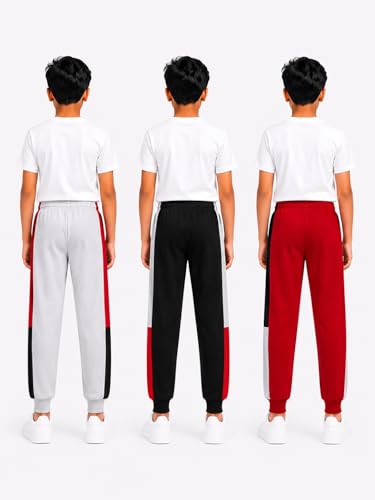 Image of Boys Jogger Track Pants, Pack of 3, Grey, Black and Red, Graphic Print, Athletic Sports Wear