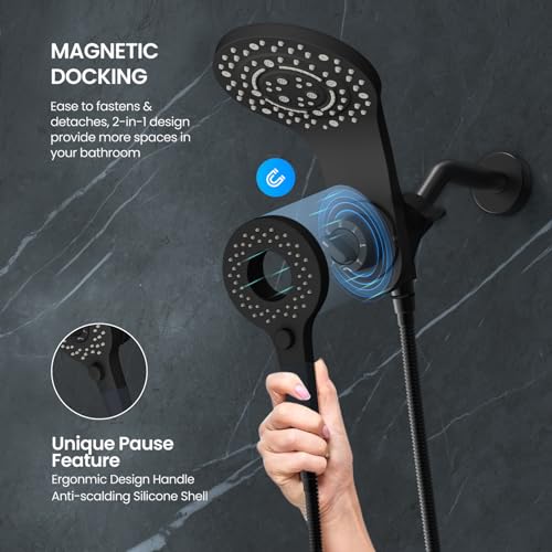2 IN 1 Anti Clogging High Pressure Magnetic Shower Heads With Handheld Spray Combo And Shower Faucet Set Up 8 Spray Modes,Black Detachable Dual Shower Head