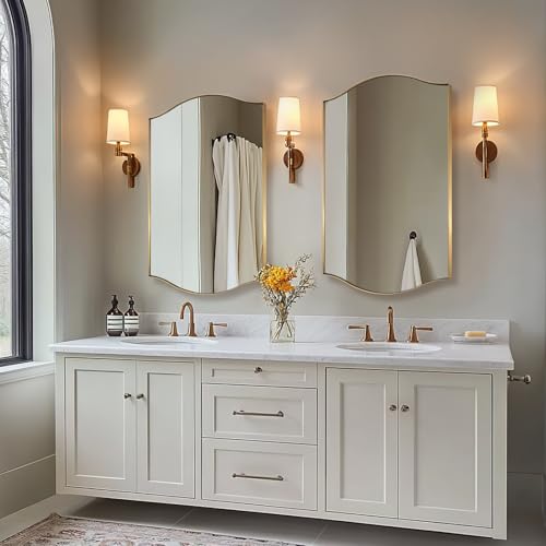 Image of ANDY STAR 26 inchx38 inch Scalloped Mirror for Bathroom,Brushed Gold Rectangle Wall Mirror with Curved Edge Stainless Steel Metal Frame, Wall-Mounted Mirror for Bathroom, Entryway, Living Room