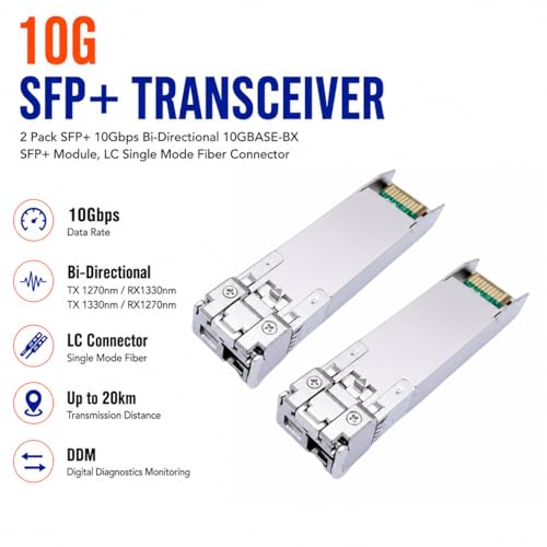 Image of Elfcam - 1 Pair 10Gb SFP+ BIDI Transceiver Module with LC /UPC Fiber Port Simplex Singlemode SM, DDM 20KM, Compatible with Cisco, Ubiquiti, Mikrotik, D-Link and Open Switch