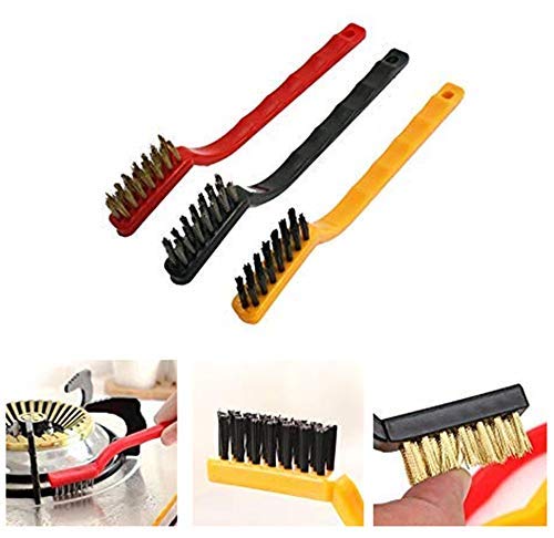 Redclip Mini Wire Brush Set - Brass/Stainless Steel/Nylon Bristles for Household Cleaning, Brush for Stove Burner, Tiles, Chimney, Bathroom & Kitchen Fixtures, (Pack of 3 Pieces)