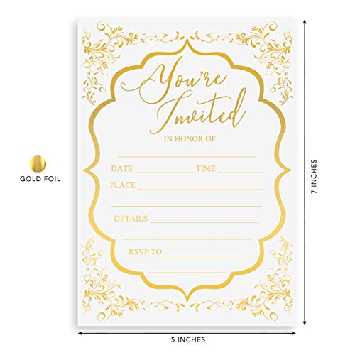 Fill In Invitations Wedding A7, Gold Foil - 25 pack - Wedding Invitation, Hot Stamp Press. Party Invitations Birthday, Anniversary Celebration, Bridal or Baby Shower (Invitation Gold 1)