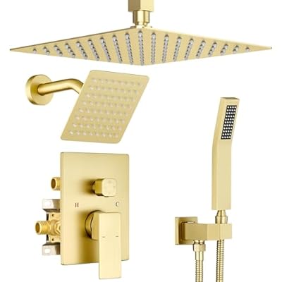 Dasan Dual Rain Shower System with Valve & handheld,Luxury Shower Faucet Set With Ceiling Mounted 12" & 6" Shower Head,Brushed Gold Tandem Shower Head System for Couples 2 Person