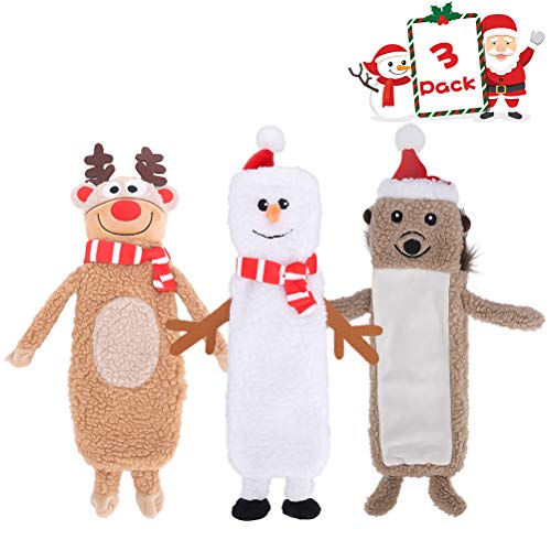 SCENEREAL Stuffless Christmas Squeaky Dog Toys for Small Medium Large Dogs, Plush Tough Pet Chew Toy, Durable No Stuffed Puppy Teething Toys for Boredom and Stimulating (Elk & Hedgehog & Snowman)