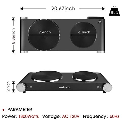 Electric Burner, Cusimax Hot Plates For Cooking, 1800W Double Burner, Portable Stove, Cast Iron Heating Plate, Countertop Burner, Stainless Steel Easy To Clean, Black #TOP6