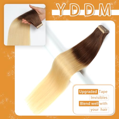 Image of YDDM 24 Inch Tape in Hair Extensions, 20pcs Straight Chestnut Brown to Bleach Blonde 100% Remy Human Hair Seamless Remy Tape in Hair Extensions Human Hair(T6 /613#, 24 Inch)