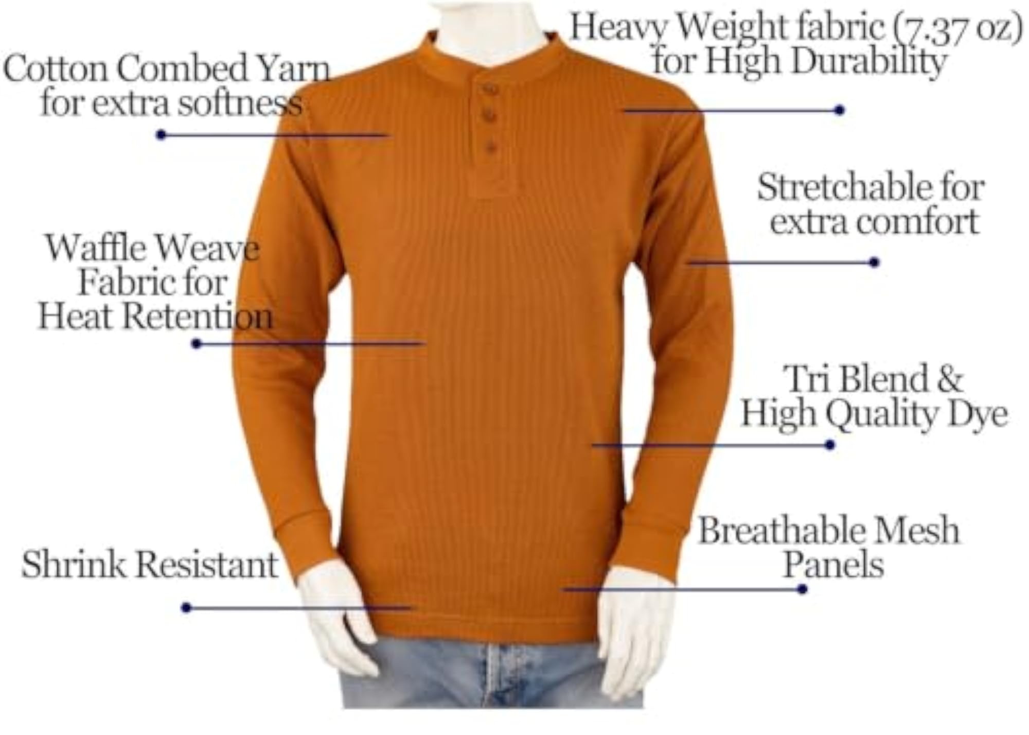 Men's Henley Thermal Shirts - Big and Tall - Heavy Weight THLS