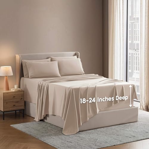 Nestl Extra Deep Queen Sheet Set - 6 Piece Breathable & Cooling Sheets - Hotel Luxury Bedding Set w/18-24 Inch Deep Pockets - Easy & Secure Fit - Super Soft, Wrinkle Free & Comfy - Beige Cream