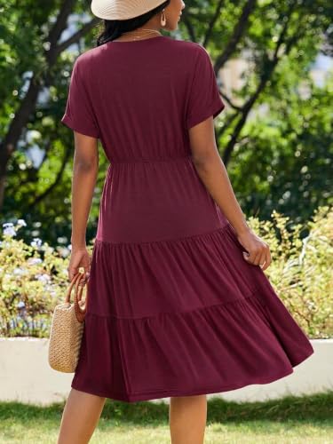 Image of PerZeal Women's Casual Tiered Midi Dress with Pockets - V Neck Short Sleeve Elastic Waist Ruffle Summer Dress for Daily Wear