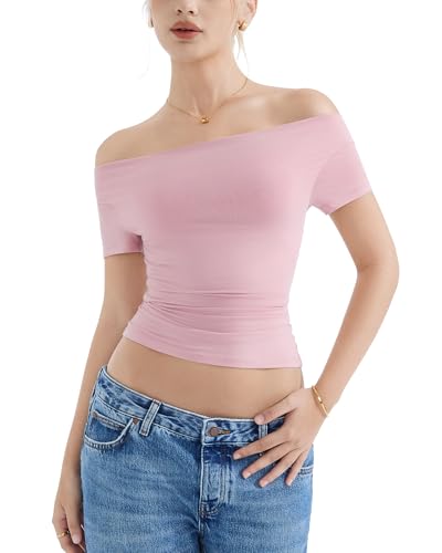 SUUKSESS Women Off The Shoulder Short Sleeve Tops Trendy Cowl Neck Going Out Basic T Shirt (Light Pink, XS)