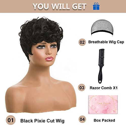 MOONSHOW Short Pixie Wigs for Black Women Short Black Curly Pixie Wig Synthetic Short Hair Wigs for Black Women Natural Wavy Black Pixie Cut Wig (Natural Black) - Image 4