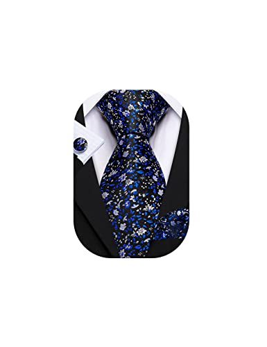 Image of Barry.Wang Flower Ties for Men Handkerchief Cufflinks Set Wedding Necktie Set Party