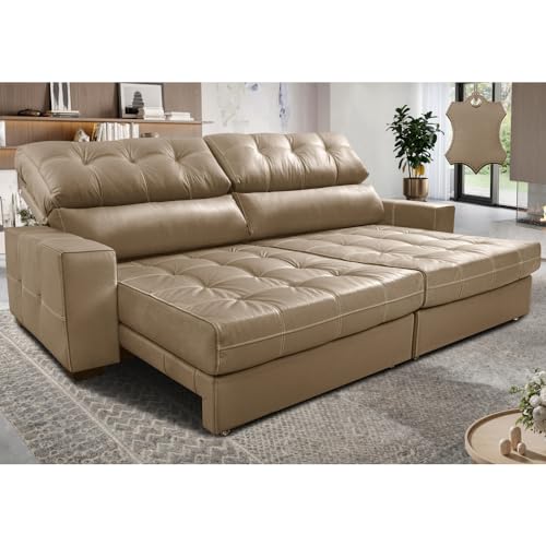 Sofá de Couro Legítimo Retrátil e Reclinável 2,95m Molas Ensacadas Cama inBox Majesty Bege