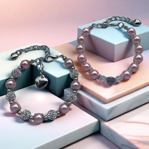 Image of DOLON 2 Pcs Imitation Pink Pearls Crystal Beads Heart Charm Bracelets Gift for Granddaughter,Sister,Daughter with Graduation Birthday Christmas First Day Wish Card