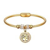 JewelryWe Schmuck Damen Armband Edelstahl Strass Baum des Lebens Charm Schlangenkette Draht Armreif mit Magnetveschluss Gold