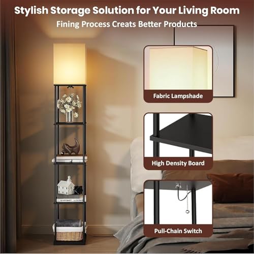 Image of HOMIFLY 5 Tier Metal Floor Lamp with Wooden Shelves /Square Lamp with 3 Adjustable Color Mode /Corner Display Book & Vase Shelf /Standing Night Lamps for Living-Study Room /Home Decor /Bedroom(Black)