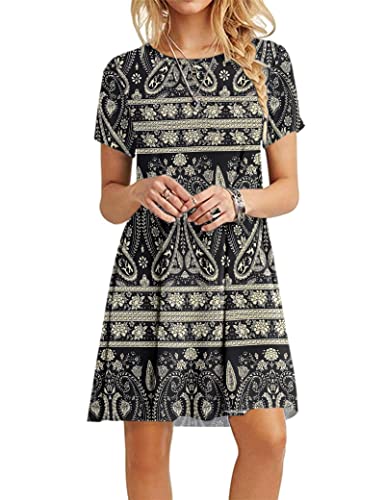 MOLERANI Sommerkleider für Damen Lässiges T-Shirt Kleid Kurzarm Damen Strandkleid (XL, Boho Blumenschwarz)