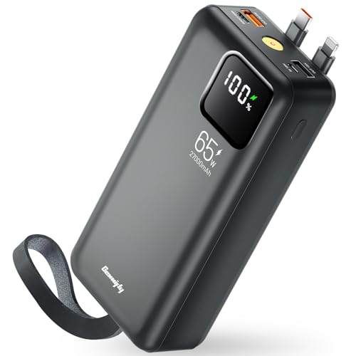 Power Bank da 65W, 27000mAh, con cavi USB-C e iOS integrati, Ricarica Rapida con 4 Porte, PowerBank per Laptop con Display Digitale a LED, Batteria Esterna per iPhone, Samsung, MacBook e altro