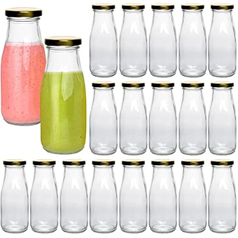 QAPPDA 12 oz Glass Bottles, Clear Glass Milk Bottles with Gold Metal Lids, Vintage Breakfast Shake Clear Container, Vintage Drinking Bottles with Whiteboard Labels and Pen for Party,Kids,Set of 20 Cover