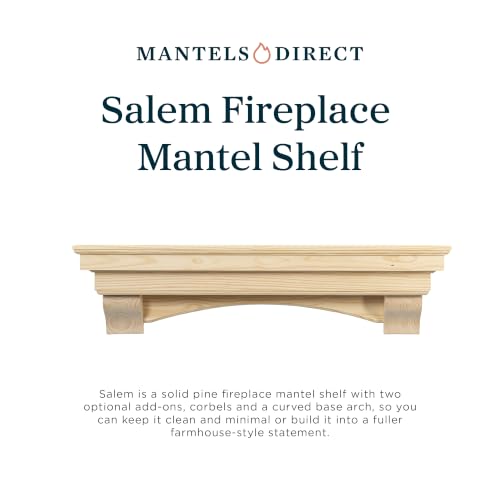 Image of MANTELSDIRECT Mantels Direct Salem Wood Mantel Shelf with Arched Corbels - Unfinished 48 Inch | Wooden Rustic Wall Mounted Shelf from Pine Wood - Perfect for Fireplaces, TVs & Decor