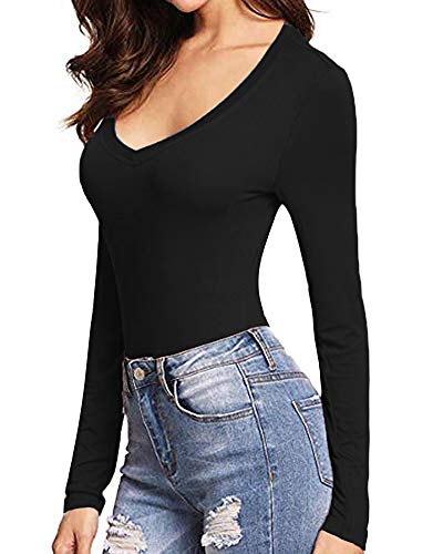 Mangopop Deep V Neck Short Sleeve Long Sleeve Tops Sexy Bodysuit For Women Clothing (B Long Sleeve Black, Small) #TOP2