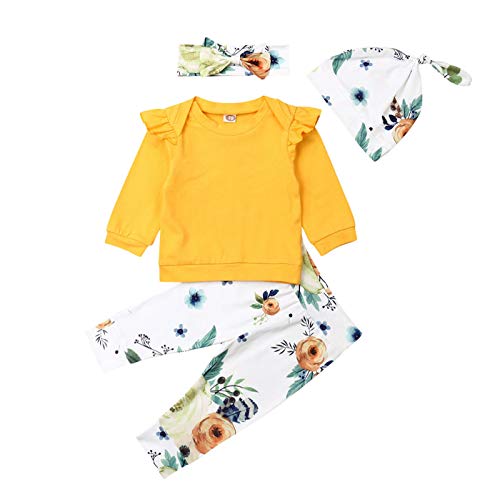Newborn Baby Girl Letter Print Outfits Long Sleeve Top Sweater Pullover Sweatshirt Floral Pants Set with Headband (F-Yellow, 0-6M)
