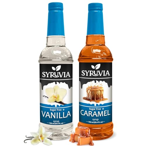 Syruvia Sugar-Free Vanilla & Sugar-Free Caramel Syrup - 25.4 fl oz. Premium Coffee Flavoring Syrup. Kosher, and Gluten-Free. Perfect for Enhancing Drinks, Sodas, Shakes, Desserts, and More. - image 1