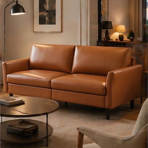 Image of Kingfun 58 inch Faux Leather Loveseat Sofa, Mid Century Modern Leather Couch for Living Room, Small Love Seat for Small Spaces, 2-Seater Mini Sofa with Rolled Arms and Deep Seats, Dark Brown