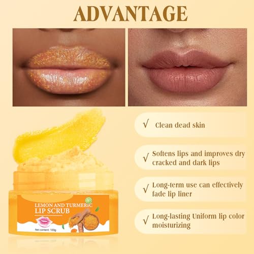 turmeric lemon lip scrub with brush lip scrubber exfoliator for dark lips dry chapped lips reduce fine lines natural nourish sugar lip scrub with aloe vera deep hydration moisturization 100g