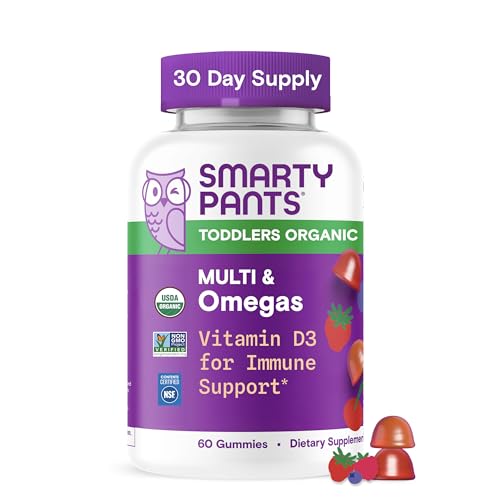 SmartyPants Toddler Organic Multi & Omegas Multivitamin Gummies with Omega 3 ALA, Vitamins D3, C, B12, B6, A, K, Zinc, Biotin, Clean Label, Mixed Berry and Cherry Flavors, 60 Gummies (30 Day Supply)
