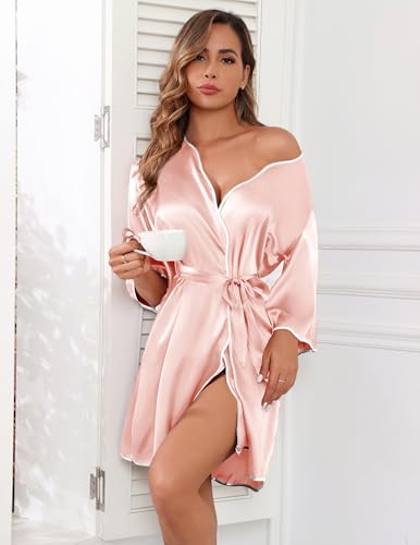 Ekouaer Women Silk Robes Short Satin Bathrobe 3/4 Sleeve Kimono Bride Robe Valentines Silky Sleepwear with Pockets S-XXL3
