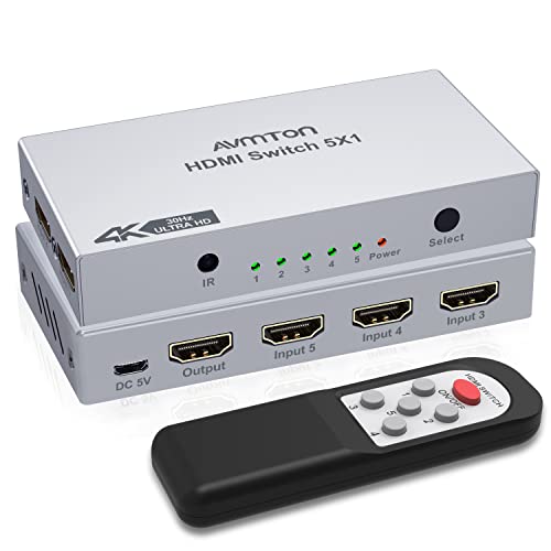 AVMTON HDMI-Switch mit 5 Anschlüssen, 5 in 1 Ausgang, Metall-HDMI-Umschalter mit Fernbedienung, HDMI-Switch 5 × 1, Fire Stick, PS3/4 Cover