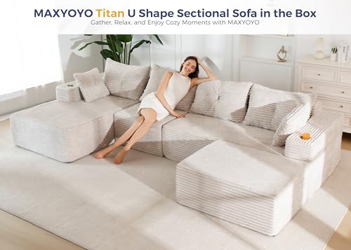 Image of MAXYOYO 132 inch Giant U-Shaped Modular Sectional Couch, Modern Boneless Couch for Living Room, Sofa in A Box, Oversized Sofa with Deep Seat, No Assembly Required, Grayish Beige